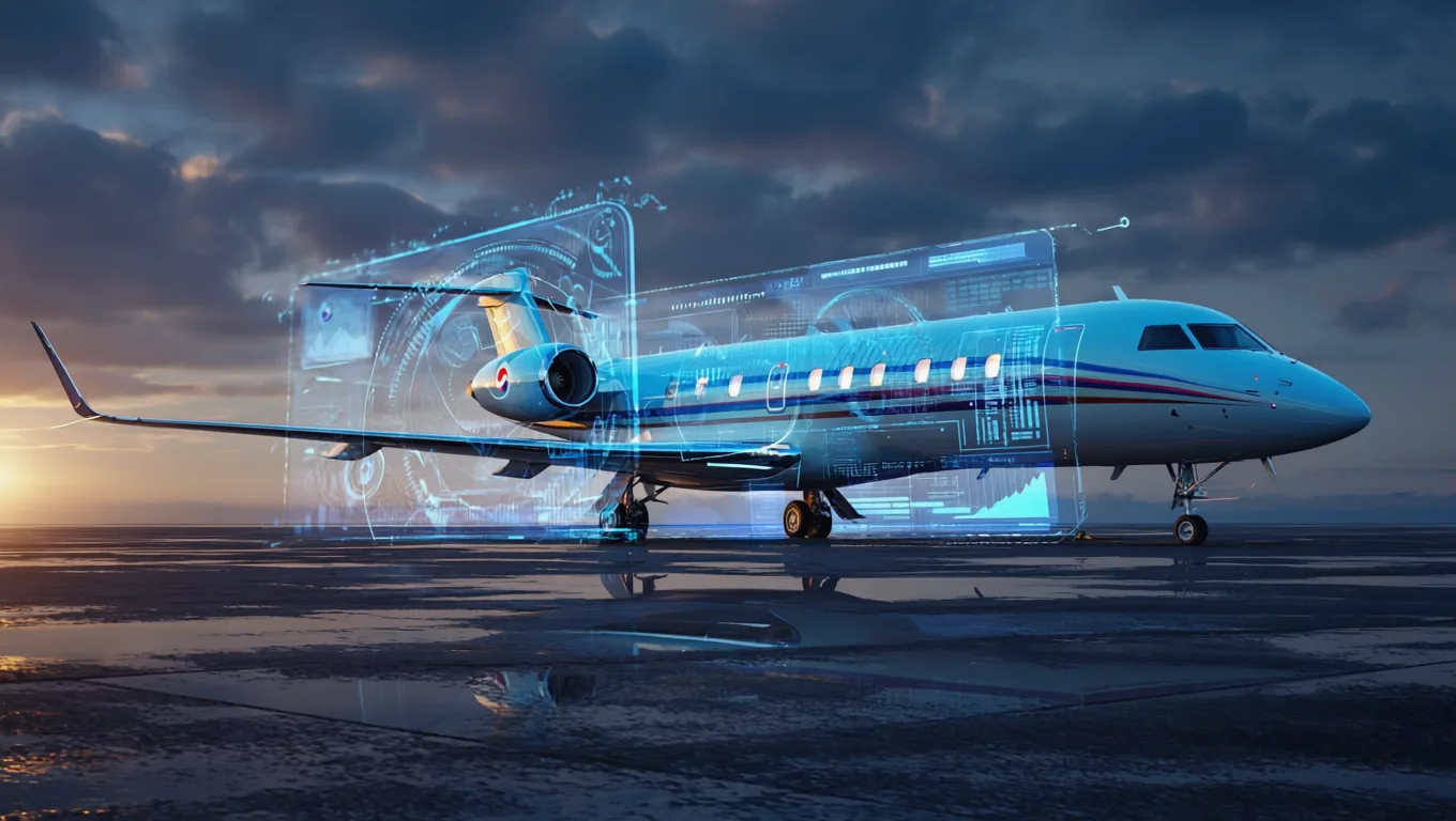 Business jet on a dusk tarmac wrapped in a holographic data shell and flight-path vectors.